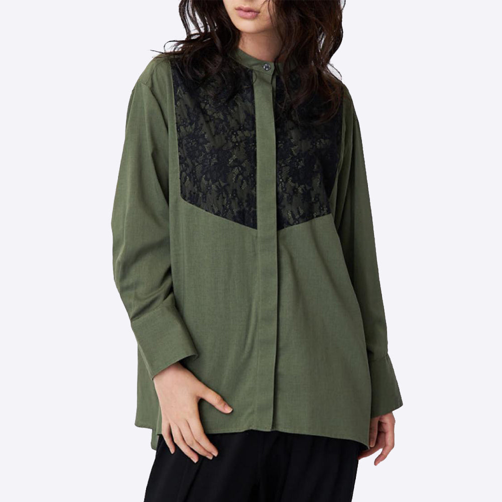 Band collar blouse with flammable voile lace