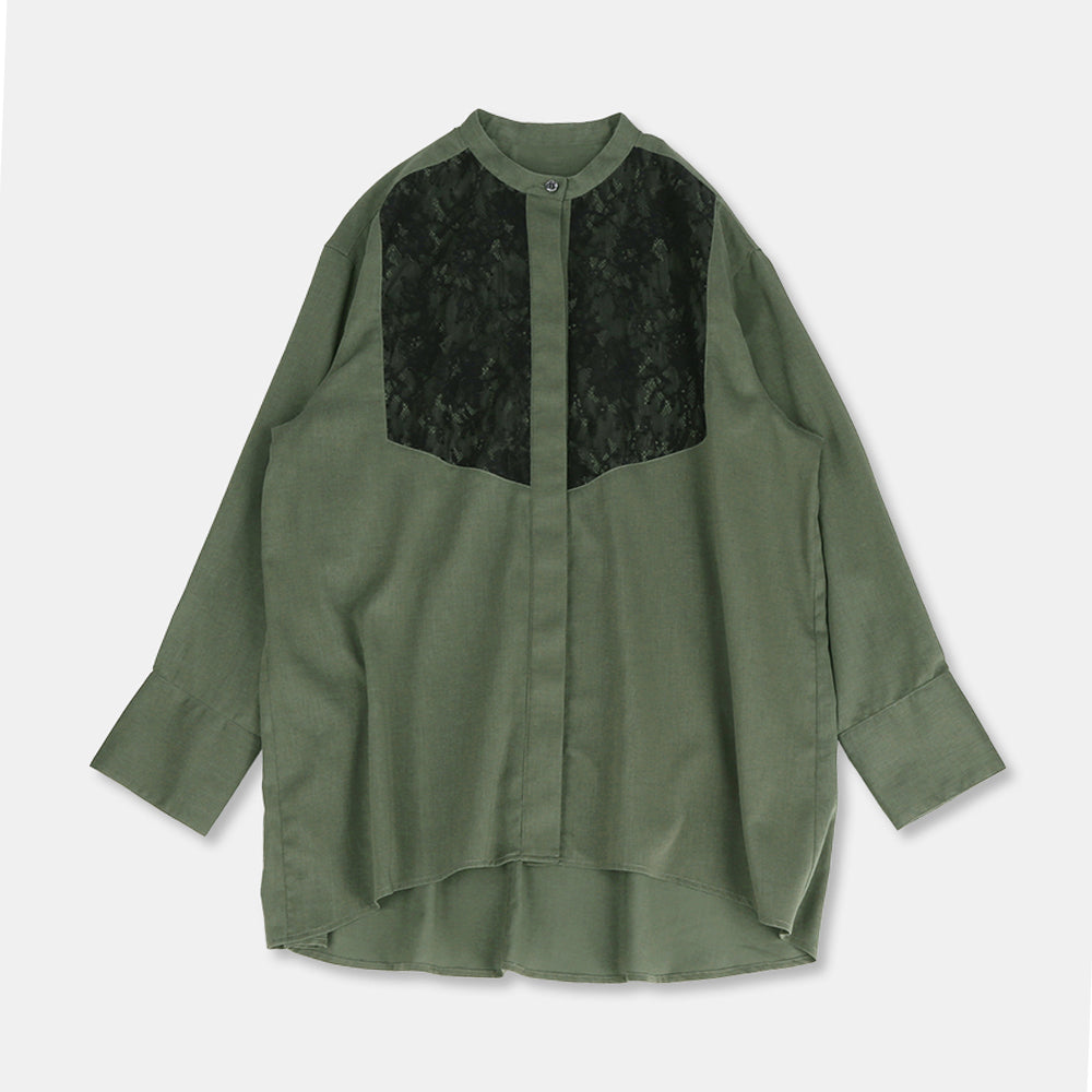 Band collar blouse with flammable voile lace