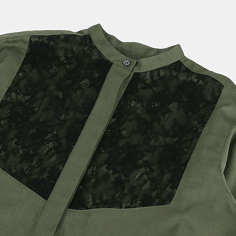 Band collar blouse with flammable voile lace