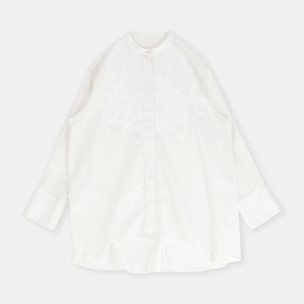 Band collar blouse with flammable voile lace