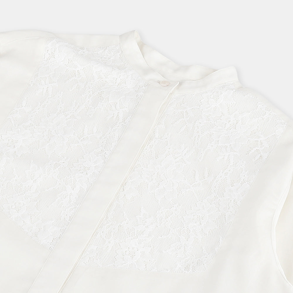 Band collar blouse with flammable voile lace