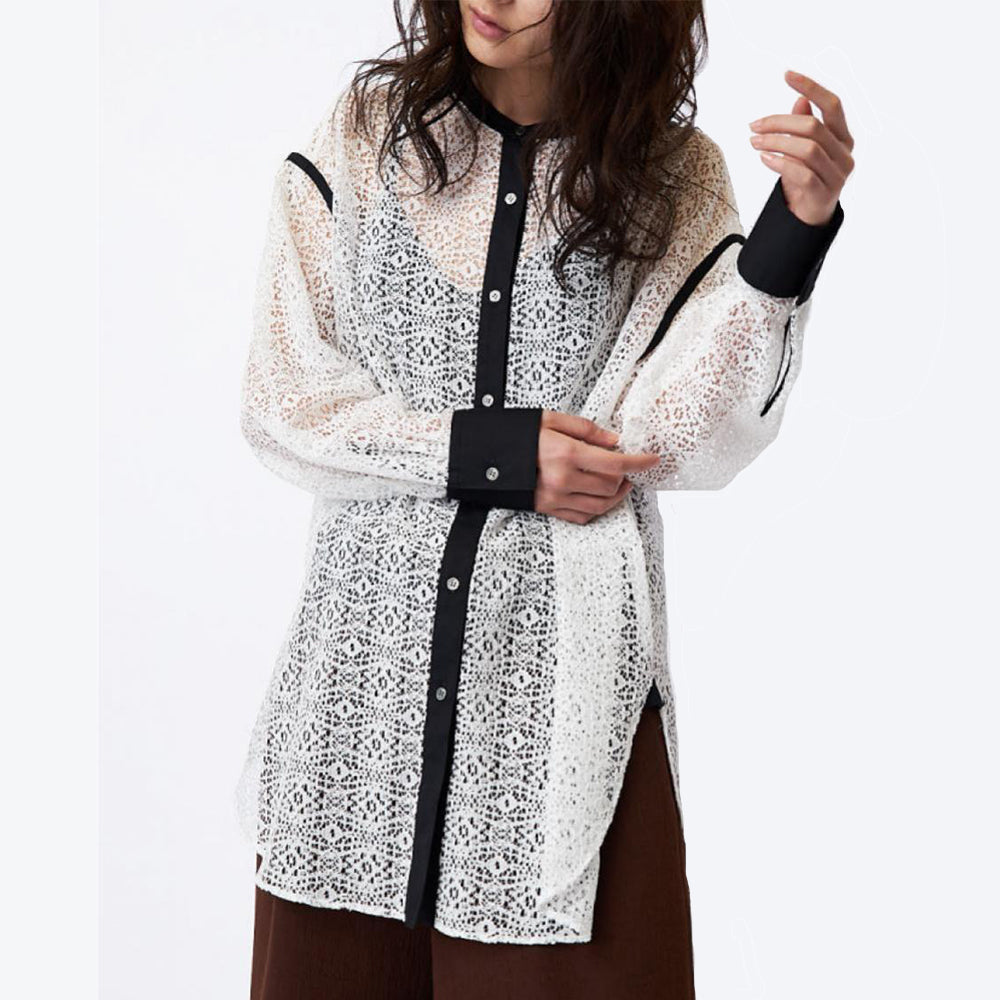 Layered band collar blouse with raschel lace