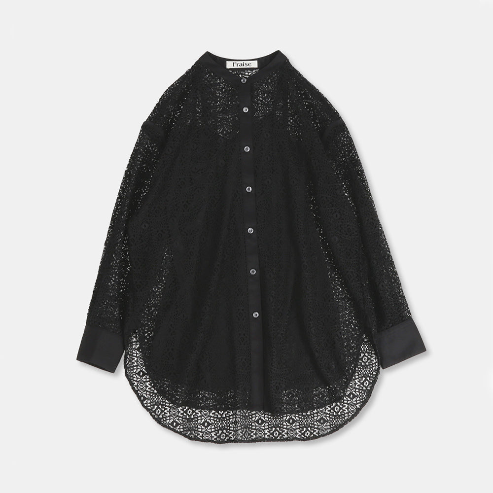 Layered band collar blouse with raschel lace