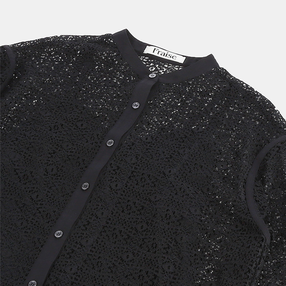 Layered band collar blouse with raschel lace