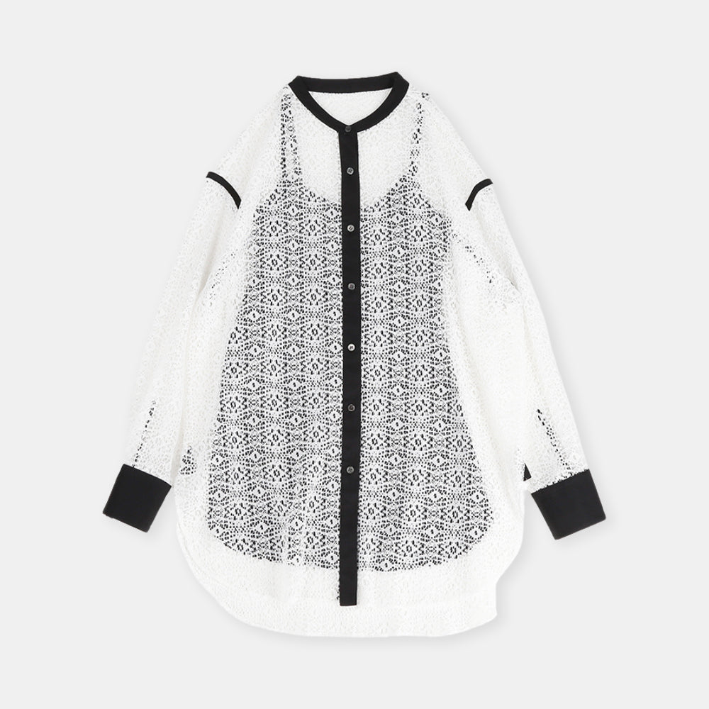 Layered band collar blouse with raschel lace