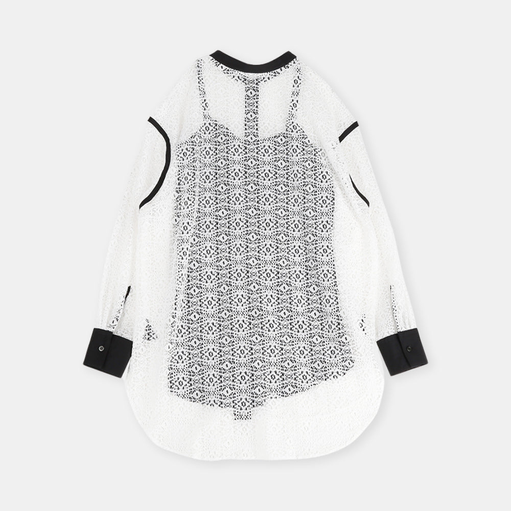 Layered band collar blouse with raschel lace