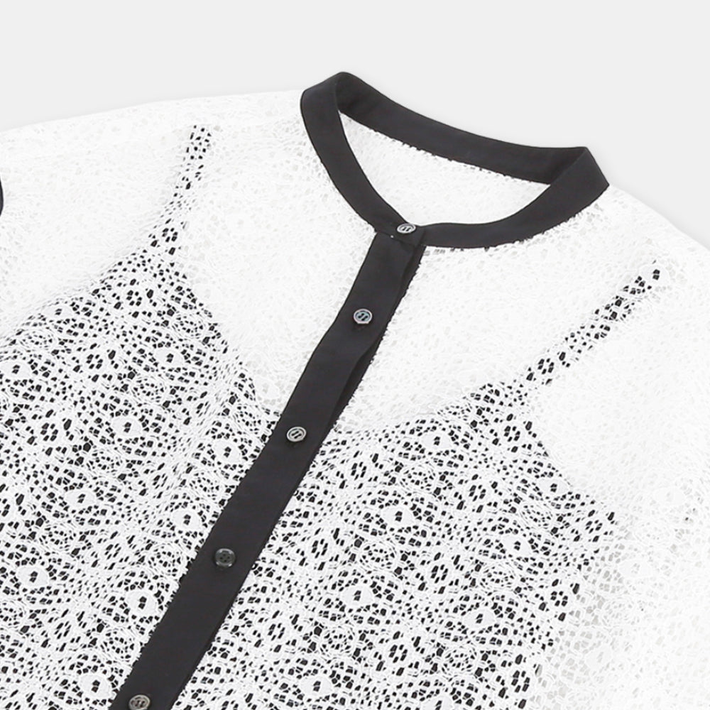 Layered band collar blouse with raschel lace