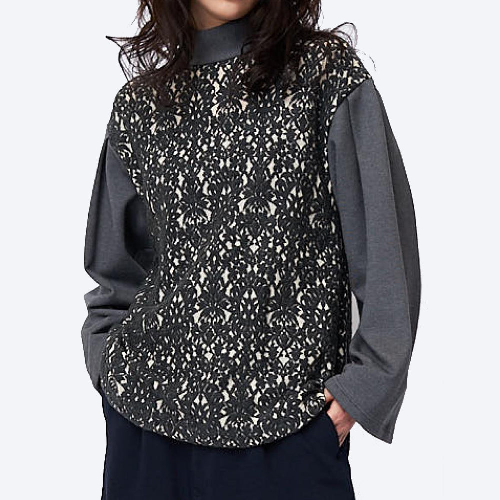 High neck pullover with tapestry pattern lace