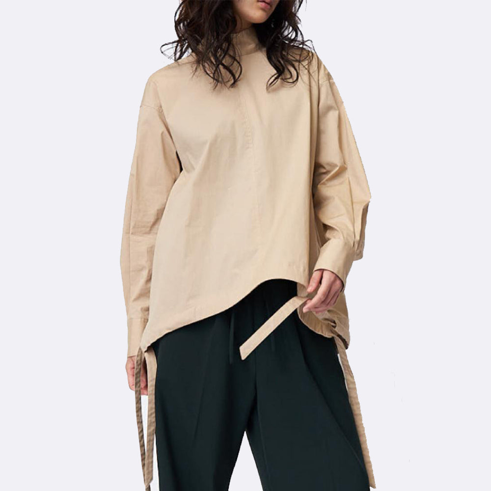 High neck pullover blouse in broad stretch