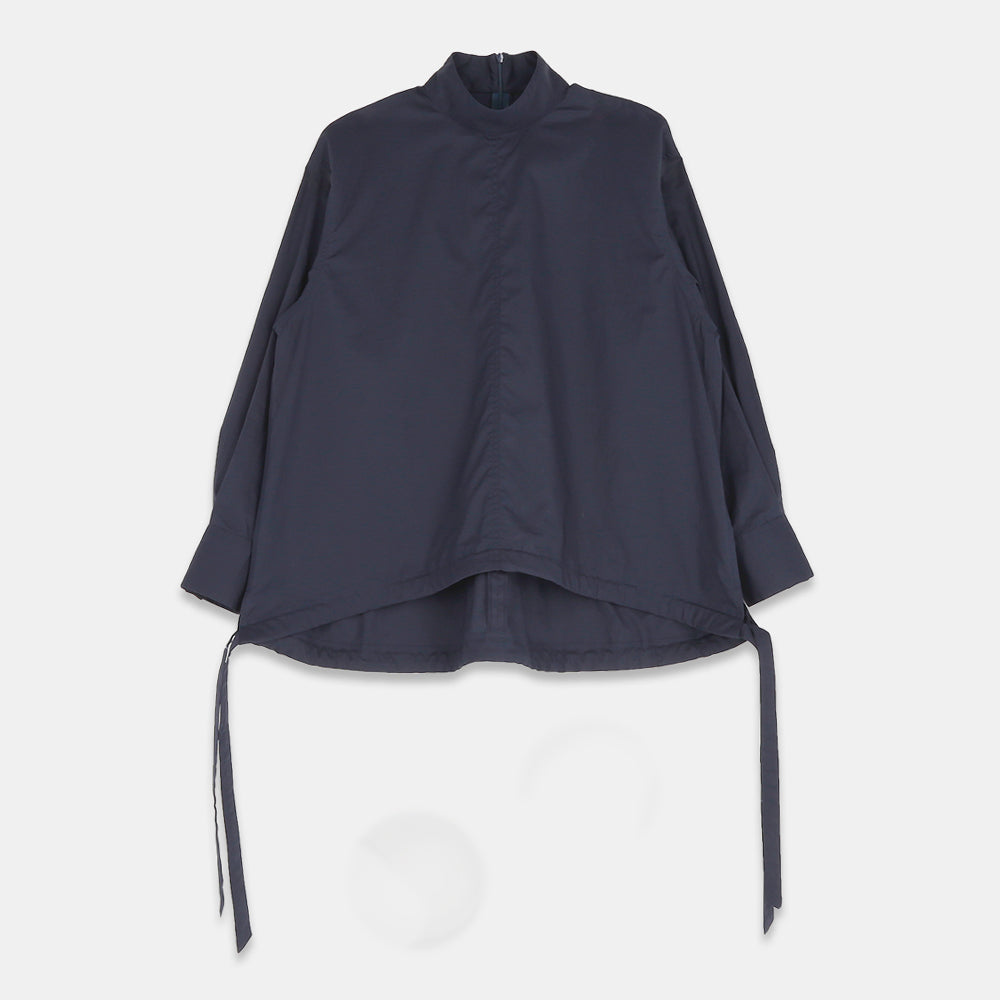 High neck pullover blouse in broad stretch